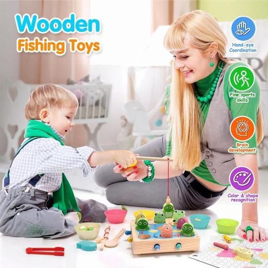 Jouet Montessori En Bois 2 En 1 – Puzzle De Pêche Magnétique + Jeu D'empilage, Pour Enfants 1, 2, 3 Ans