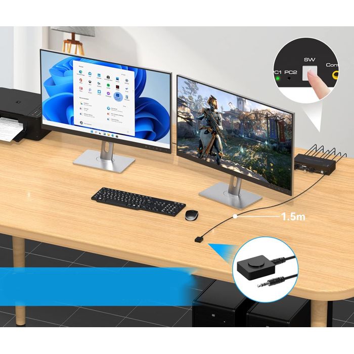 Commutateur KVM DisplayPort 1.4 - 2 PC Vers 1 Écran 8K@60Hz - Avec Contrôleur Bureau Et Câbles USB