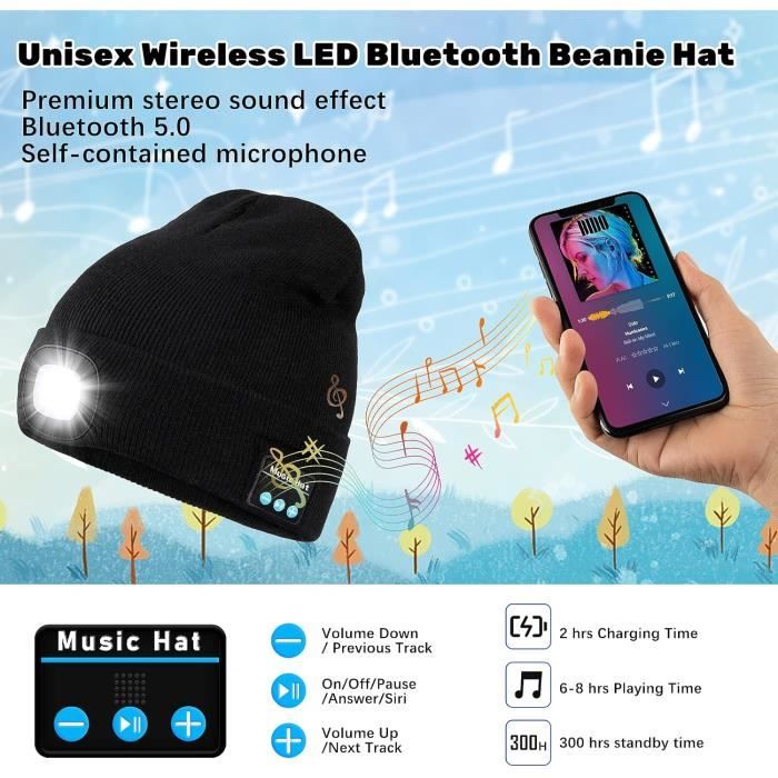 Bonnet Bluetooth INHDBOX - LED Intégrées - Rechargeable USB - Polaire - Taille Unique