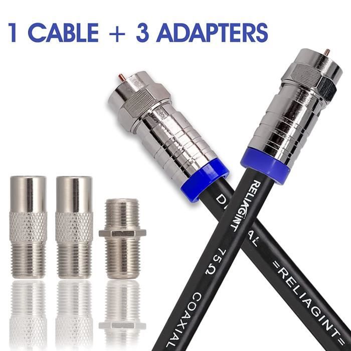 Cable De TV RG6 5m Con Conectores F Y Adaptador F81 – Impermeable, Blindaje De Cobre, Para SAT, Antena, STB, Hasta 3GHz, Color Negro