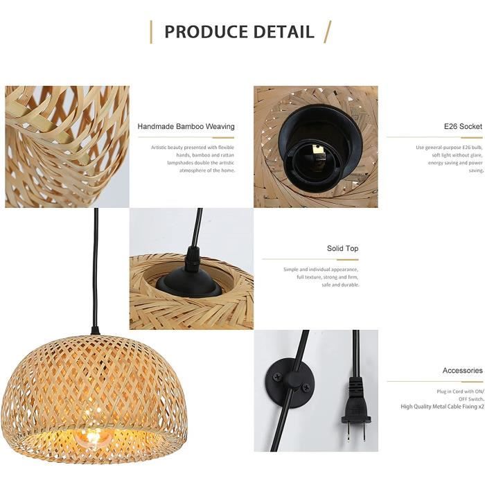 GOECO Suspension Luminaire Rotin, E27 Lustre Plafonnier Vintage En Tresser, Interrupteur à