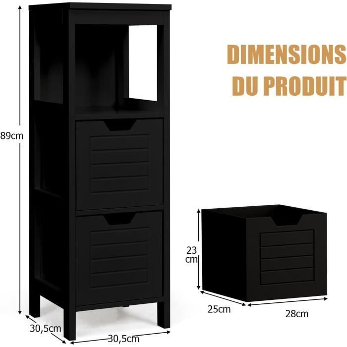 Meuble Salle De Bain GIANTEX - Armoire Rangement 3 Tiroirs + Placard - 28 X 58 X 81 Cm Noir