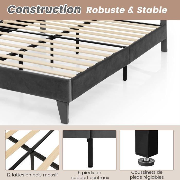Letto Matrimoniale Imbottito 140x200cm, Struttura Letto Con LED E Presa Usb Rete A Doghe Grigio