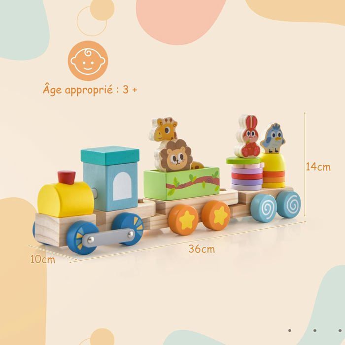 COSTWAY Train à Tirer en Bois - 15 Pièces -3 Wagons, Locomotive Rétractable - Jouet d'Eveil en Bois Massif Sûr - Jeux - Jouets