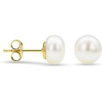 Miore Bijoux pour Femmes Clous d'Oreilles avec Perle d'eau douce ronde blanche 7-7.5 mm Boucles d'Oreilles en Or Jaune 14 Car