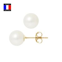 Compagnie Générale des Perles - Boucles d'Oreilles Véritable Perle de Culture 8-9 mm Or Jaune 18 Cts Système Sécurité - Bijou Femme