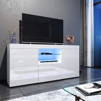 Meuble TV Blanc Buffet Salon Moderne avec LED Lumières Plus 2 Etagères Armoire Pour Bureau Chambre,135*34*70CM, facade Brillante