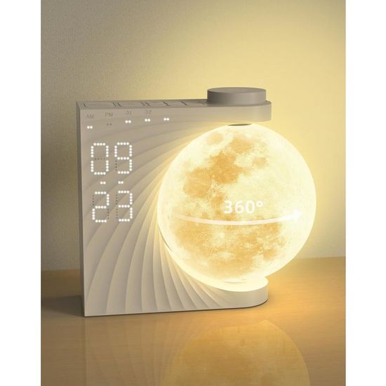 Lampe De Lune Avec Réveil Lumineux LED - Veilleuse 8 Couleurs, 10 Sons Nature, Double Alarme Et Fonction Snooze