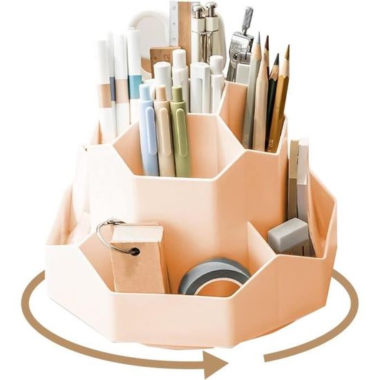 Organisateur Bureau Rotatif 360° Blanc - 5 Compartiments, 11x12 Cm - Pour Stylos, Fournitures, Maquillage