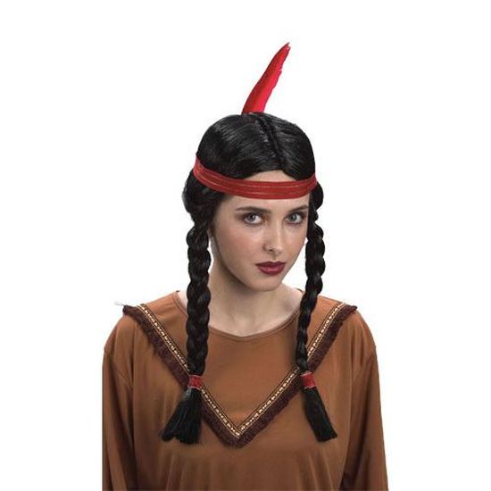 Perruque Indienne Longue Cheveux Lisses Noir + Bandeau - Pour Déguisement Carnaval, Femme/homme - 100% Polyester