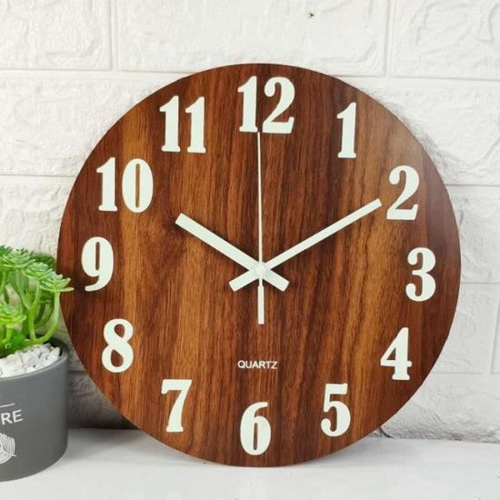 Horloge murale en bois fluorescente, ronde et lumineuse, pour décoration de maison, salon, Art, montre objet decoratif QTK177