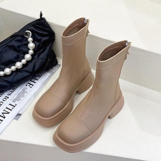 Bottes Cuir Soldes Cuir Véritable Angleterre L'automne Hiver Femme Plates Plus De Velours Noir Semelle Épaisse V 5388