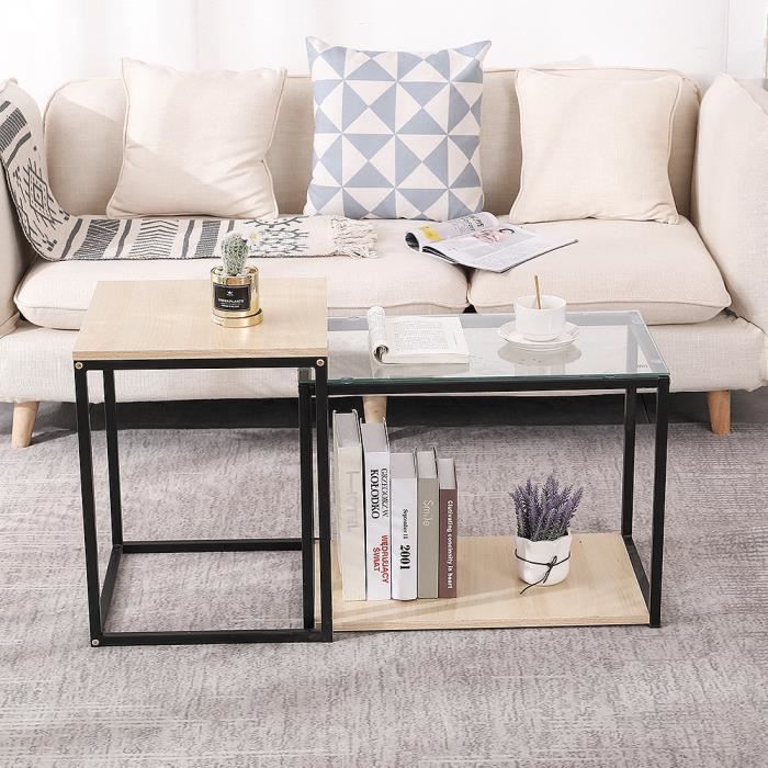 Keisha°table gigogne lot de 2 table basse appoint plateau carré en bois et verre avec pieds en métal bout de canapé