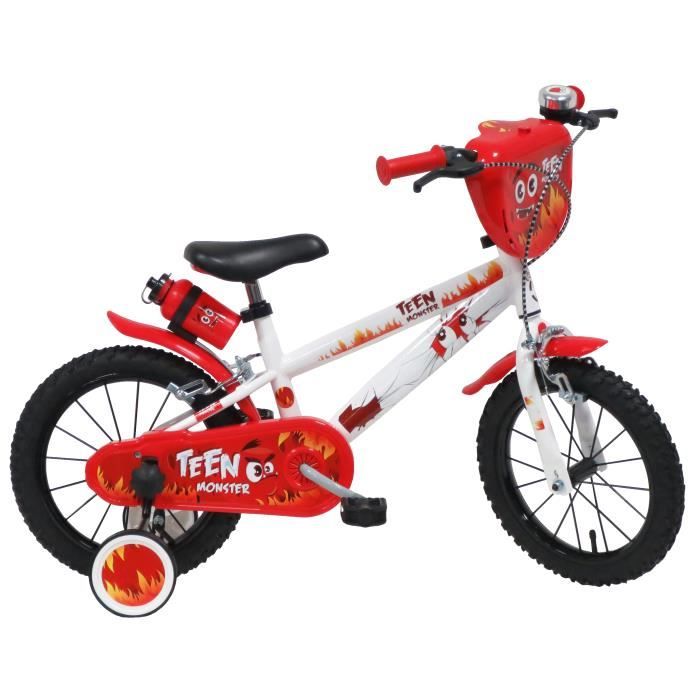 Vélo Enfant 14" TEEN MONSTER Garçon ( taille 90 cm à 105 cm ) Blanc & Rouge, équipé de 2 Freins, Gourde, Porte gourde, Plaque