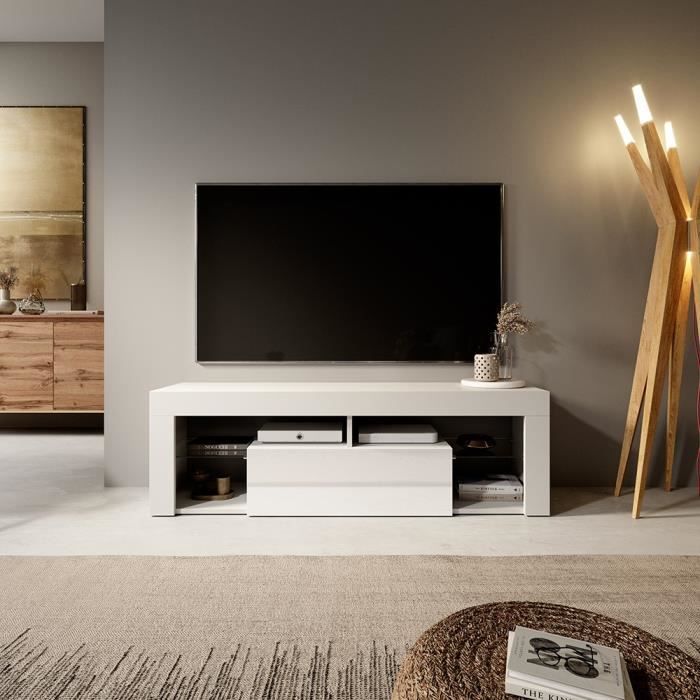 Meuble TV / Banc TV - BIANKO - 140 cm - blanc mat / blanc brillant - sans LED - style moderne - tablette en verre