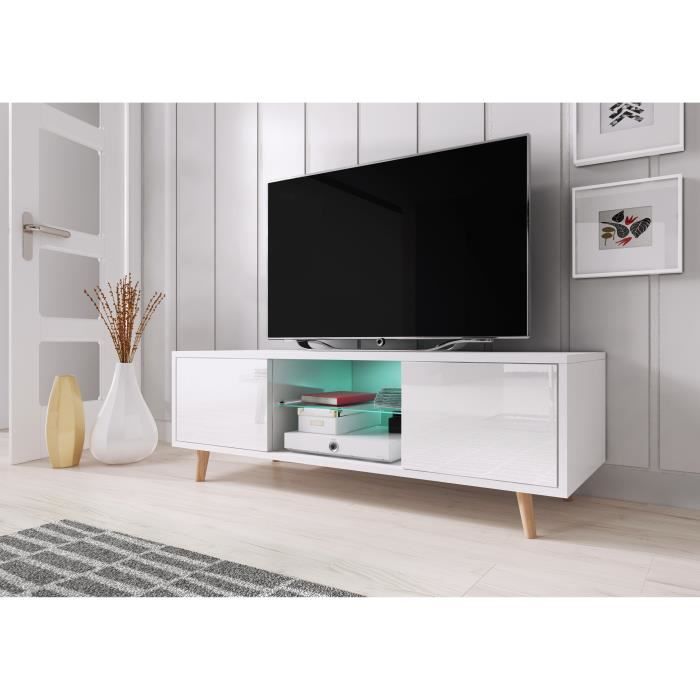 Meuble TV style scandinave Coleus LED blanc / blanc brillant 140cm