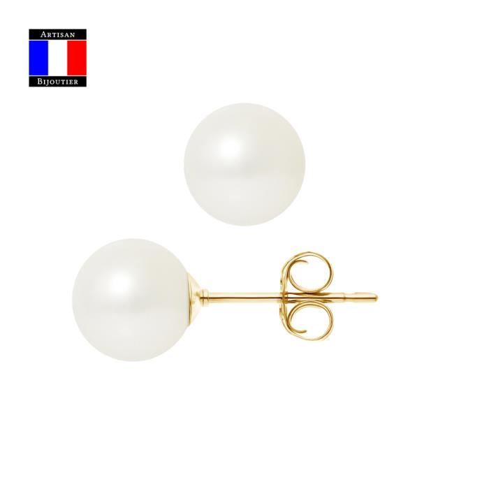 Compagnie Générale des Perles - Boucles d'Oreilles Véritable Perle de Culture 8-9 mm Or Jaune 18 Cts Système Sécurité - Bijou Femme