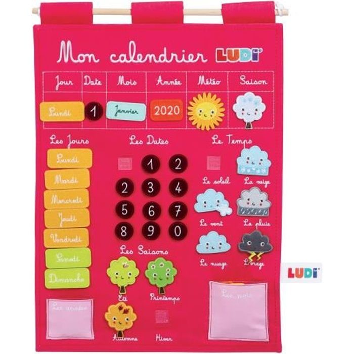 LUDI - Calendrier rose pour enfant dès 3 ans. Panneau en tissu brodé 53 x 38 cm et accroche murale - 45 étiquettes amovibles