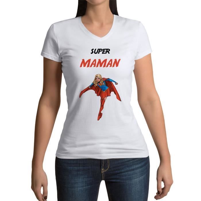 T-shirt Femme Col V Super Maman Super Woman Wonder Woman Super Hero