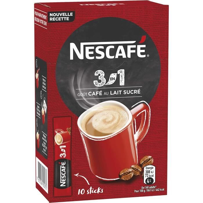 LOT DE 4 - NESCAFE 3en1 - Gout café au lait Boisson au café soluble - 10 Sticks - 165 g