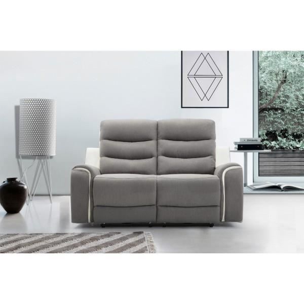 Canapé 2 places tissu gris et PU blanc Relax électrique 2 moteurs FARO Gris/Blanc