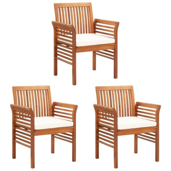 Lot de 3 Chaises à dîner de jardin et coussins - Fauteuil Jardin - Bois d'acacia massif