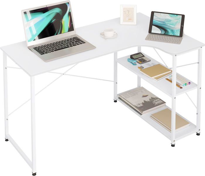 WOLTU Bureau dordinateur avec 2 Étagères Bureau dangle en L Table en Bois dIngénierie et Métal 120x74x715cm Blanc W0ETT0140