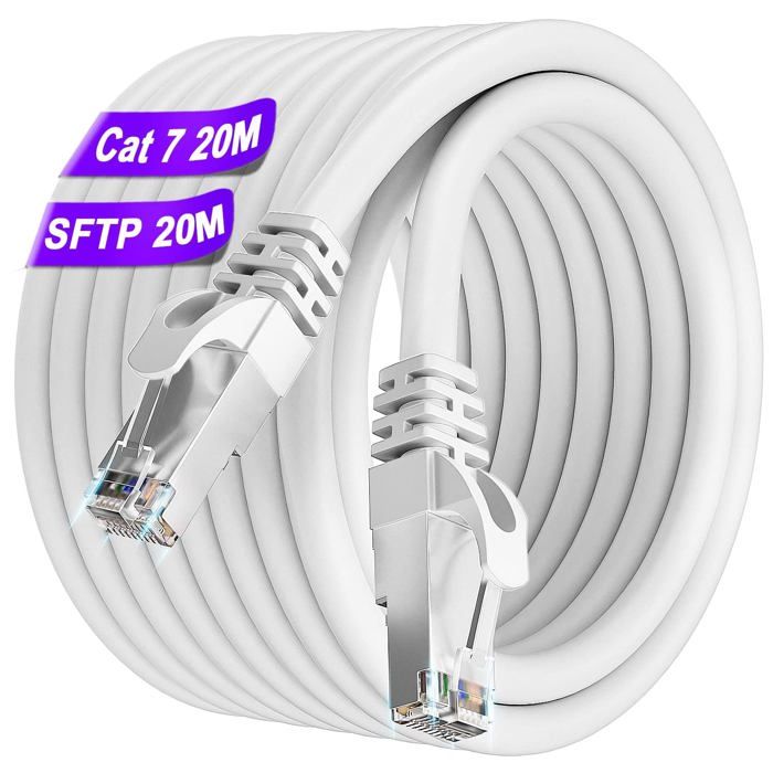 Câble Informatique Cable Ethernet Cat 7 20M, Cable Rj45 Blindé Haute Vitesse 10Gbit/S ...