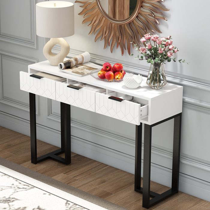 Table Console Moderne avec 3 Tiroirs Structure Dorée Repose-Pieds Réglables et Poignées élégantes Blanc+Noir