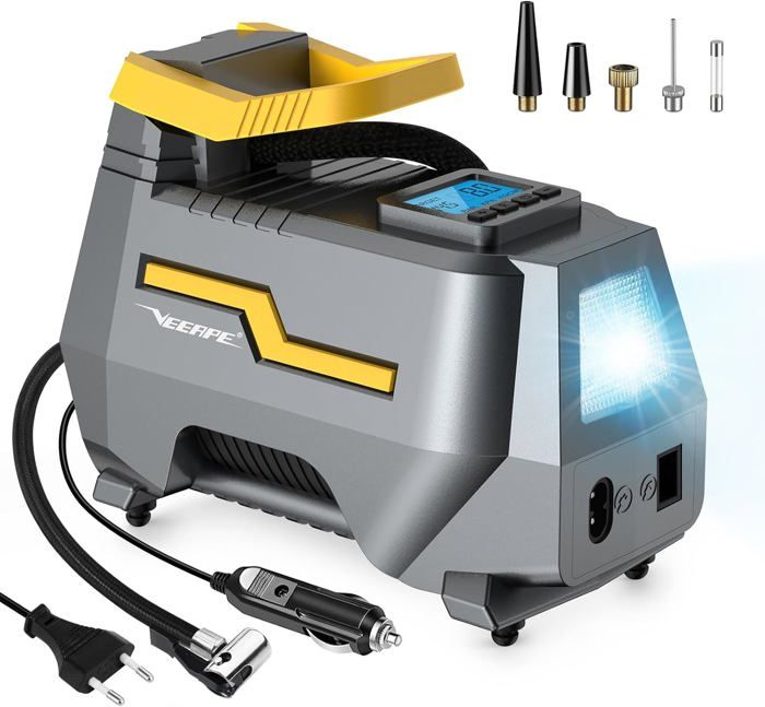 VEEAPE Pompe à Air Électrique Portable 150 PSI – Compresseur Rechargeable Voiture, Vélo, Moto, Ballon Avec Écran LCD & Lampe LED