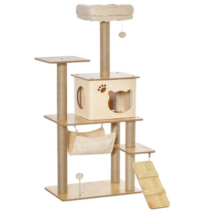 Meilleurs prix pour Arbre À Chat En Bois 60x40x130cm - Structure Escalade + Grotte Poteaux Jute & Balles - Jaune Vif Pour Chats Actifs