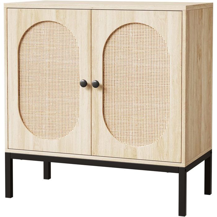 Buffet de Cuisine - PROMIRACAL - 80x83cm - Rotin Naturel - 2 Portes - Étagères Ajustables