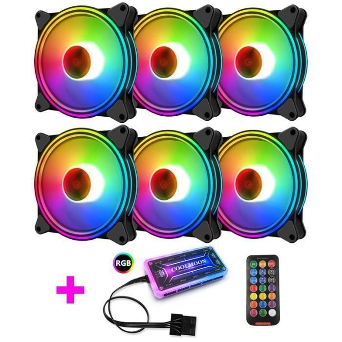 6PCS COOLMOON RGB LED Kit de fans de boîtier 120mm avec télécommande Ventilateur Hub et Extension Réglable Coloré PC Case Cooling