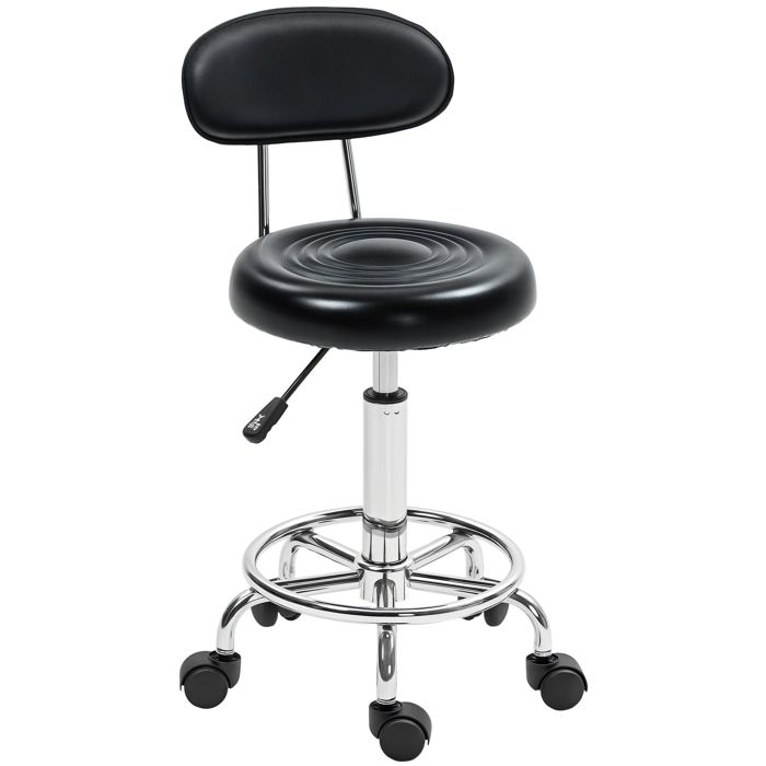 Tabouret à roulettes - HOMCOM - hauteur réglable dossier et repose-pieds pivotant 360° - cadre en acier - 32x40x70-86cm - noir Tabouret à roulettes - HOMCOM - hauteur réglable dossier et repose-pieds pivotant 360° - cadre en acier - 32x40x70-86cm - noir