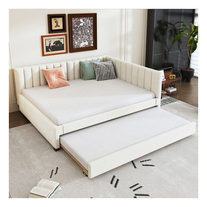 Canape lit 140 x 200 cm avec cadre de lit Lit 2 personnes avec tete de lit en rembourré Lit enfant en tissu velours beige