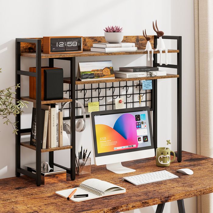 Étagère de Bureau à 4 Niveaux COSTWAY 6 Crochets Garde-corps Antichute 94x25x74cm Organisateur pour Moniteurs jusquà 32 Brun