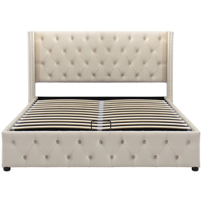 Lit rembourré hydraulique - 140x190 cm - Velours beige - Sommier inclus - Capacité 300 kg