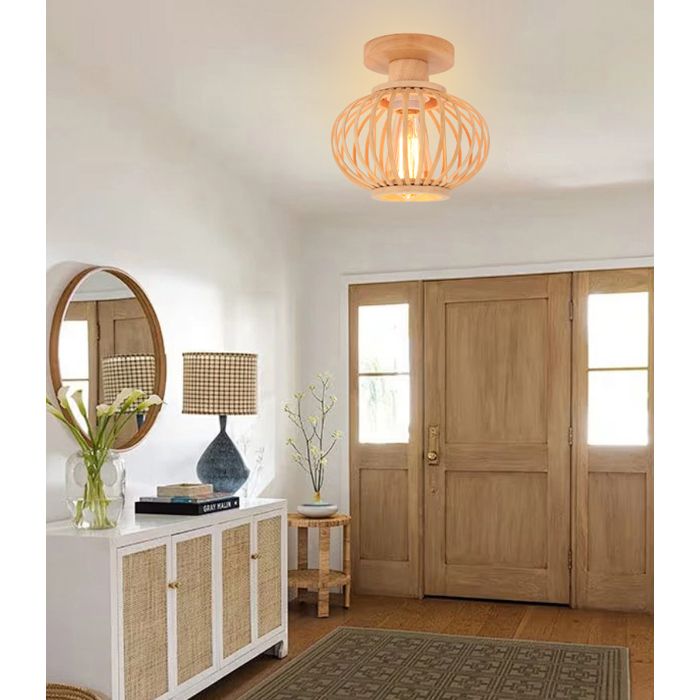 iDEGU Plafonnier en Cage Lustre Boho Lampe de Plafond Abat-jour en Bambou et Bois Rétro Ø20cm Design Lanterne pour Salon Chambre