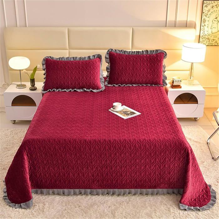 Couvre Lit Couleur Unie Velours King Size Dessus Lit Réversible Patchwork Douceur Couvre Lit 150x230cm#Rouge JETEE DE LIT