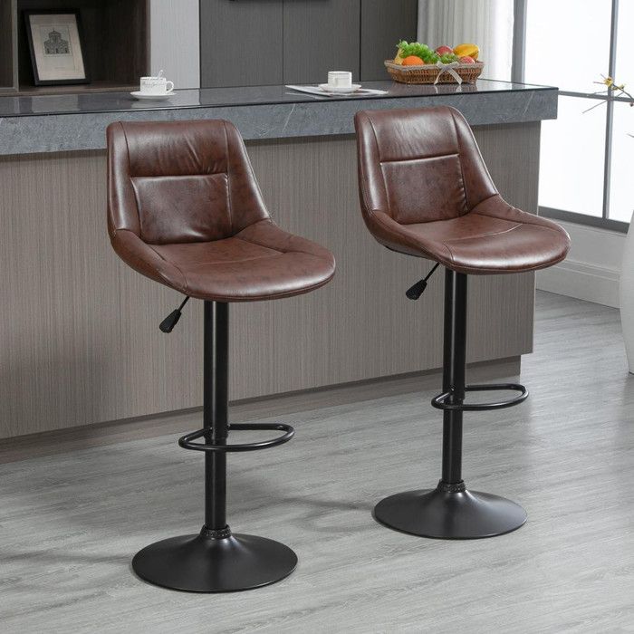 Lot de 2 tabourets de bar réglables en hauteur avec dossier Pivotants en similicuir marron Idéal pour la cuisine et le bar