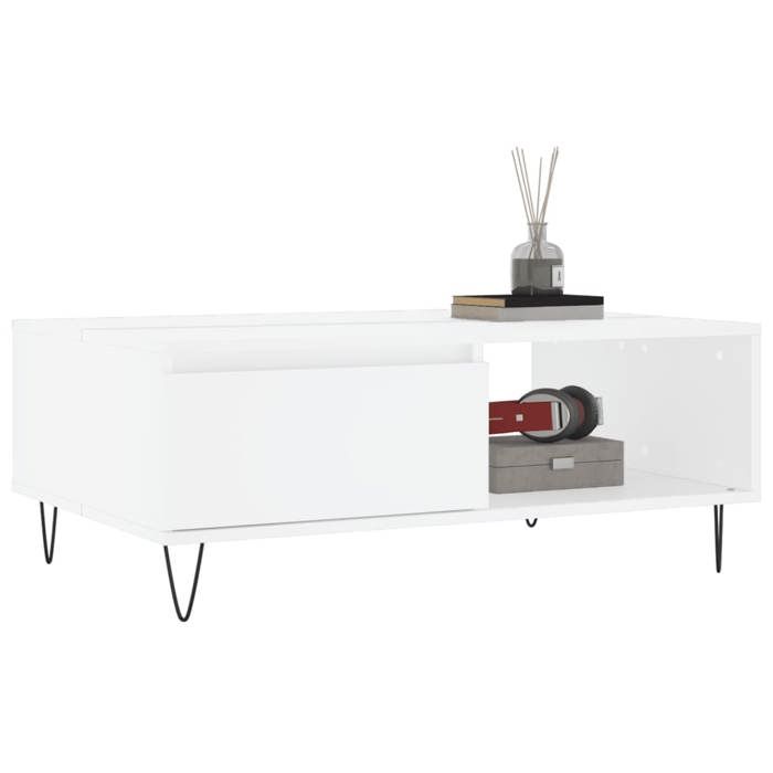 Table basse design - Blanc - 90x60x35 cm - Bois dingénierie - Pieds en fer - 2 compartiments - Facile à nettoyer