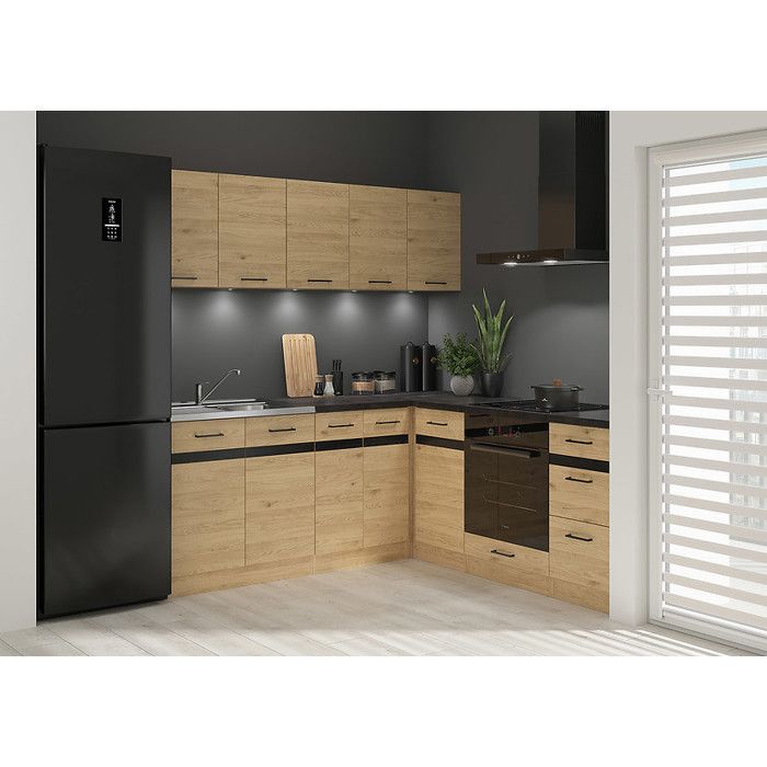 Cuisine dangle complète 200x200 cm Meubles de cuisine modulables coloris Chêne bernstein plan de travail Noir inclus