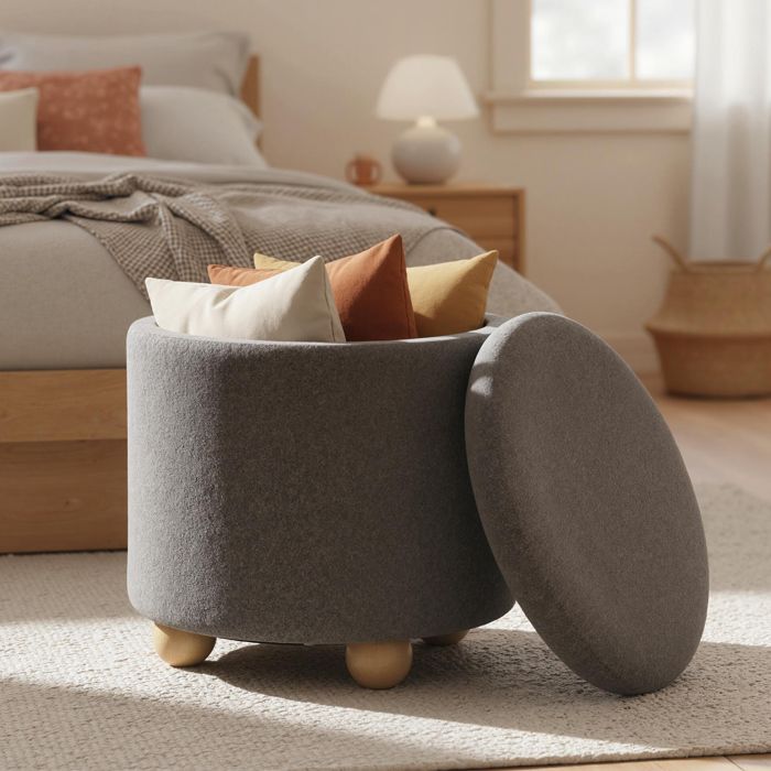 Tabouret Pouf Coffre Rembourré - RELAX4LIFE - 35L - Couvercle Amovible - Pieds en Bois de Caoutchouc - 44 5X44 5CM - Gris