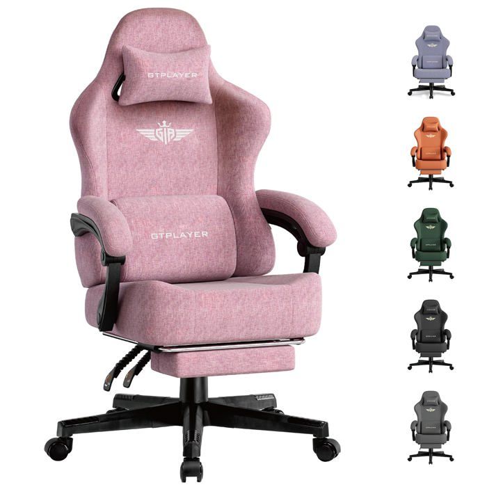 Chaise Gaming Ergonomique GTPLAYER Rosa Tissu de qualité supérieure Dossier inclinable 160° Repose pieds