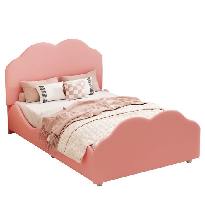 Lit Enfant Rembourré 90x200cm Rose Doux - Tête et Pied Nuage Garde-Corps Sécurisé - sans Matelas Lit Enfant Rembourré 90x200cm Rose Doux - Tête et Pied Nuage Garde-Corps Sécurisé - sans Matelas