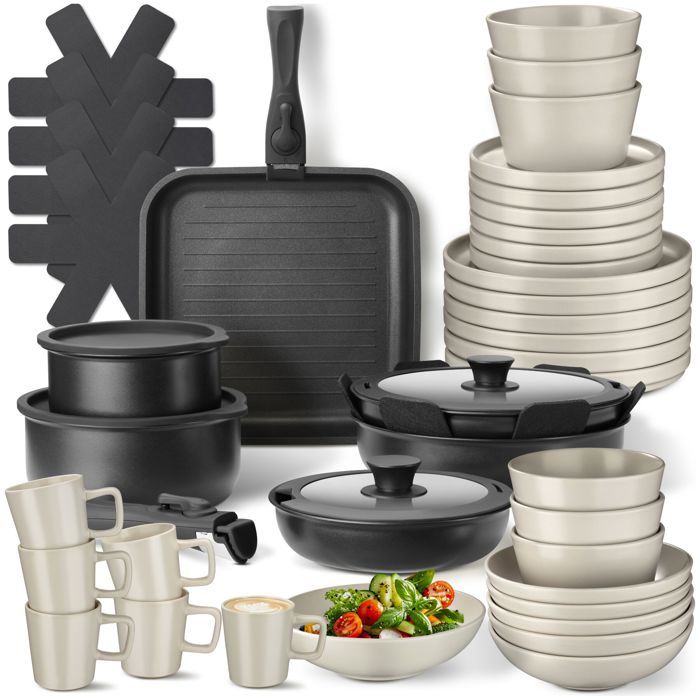 Batterie de cuisine - TECTAKE - Set de cuisine en aluminium inoxydable et grès émaillé pour 6 personnes 47 pièces - Noir/Taupe