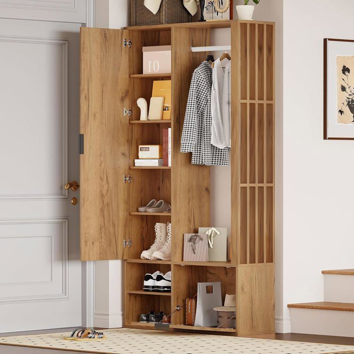 Meuble dentrée - Vestiaire dentrée avec Miroir 6 en 1 Porte-Manteau et Rangement 5 Étagères + Armoire 100x33x190 cm - Naturel