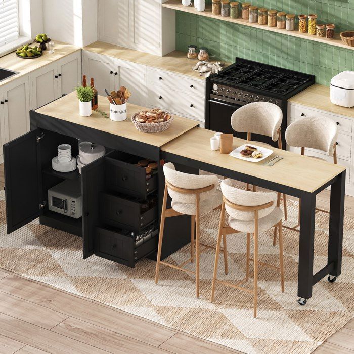 Îlot de cuisine extensible sur roulettes 112-186×45×93 cm Table de salle à manger avec plan de travail 2 portes 3 tiroirs