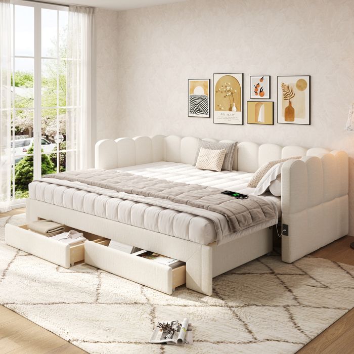 Luscriate - Lit capitonné 90x200 cm Canapé-lit extensible 180 cm 2 tiroirs rangement USB lin - Beige