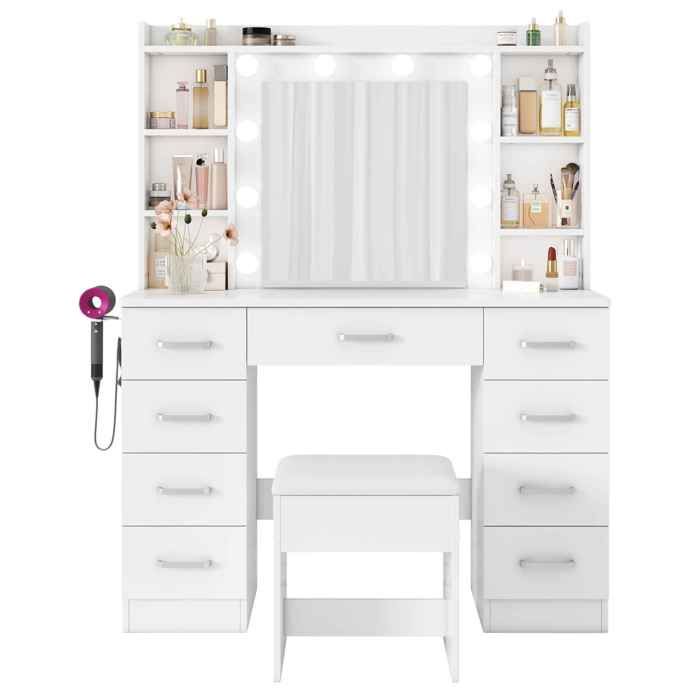 Coiffeuse 9 tiroirs avec miroir à LED et banc de rangement 3 températures de couleur style épuré 110 x 40 x 140 cm blanc